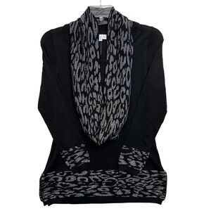 Birch NY Sweater Black Metallic Silver Animal Print Pull Over + Scarf - Size Med
